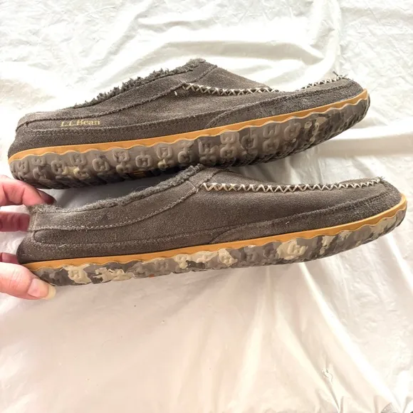 L.L. Bean Mountain Gray leather Moccasin scuff Slippers SZ 11 M   WORN 1X