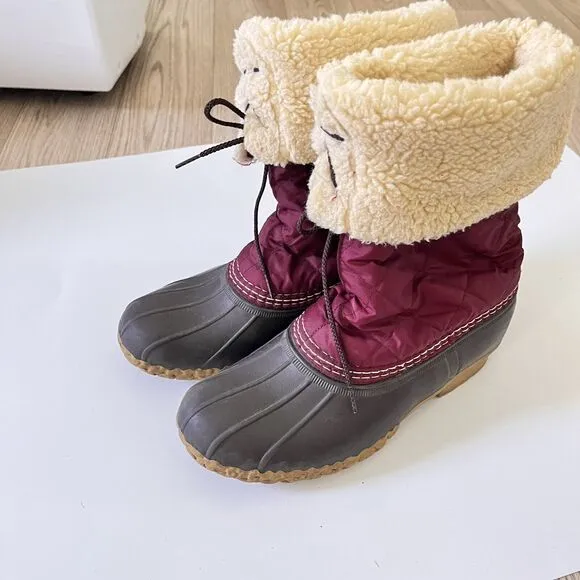 L.L. Bean Vintage Winter Boots Red Quilted Tie Sherpa Lined Waterproof
