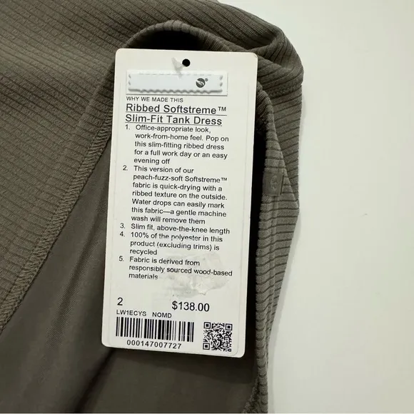 Lululemon Ribbed Softstreme Slim Fit Tank Dress - Nomad, Size 2
