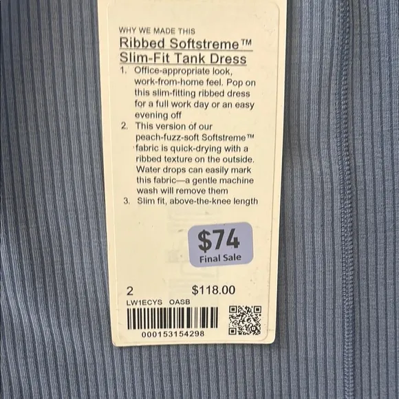 lululemon Ribbed Softstreme Slim Fit Tank Dress NWT