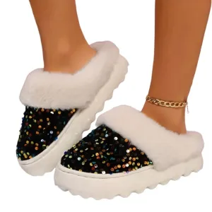 Luxe Sequin Fur-Lined Black Slippers – Cozy &amp; Chic