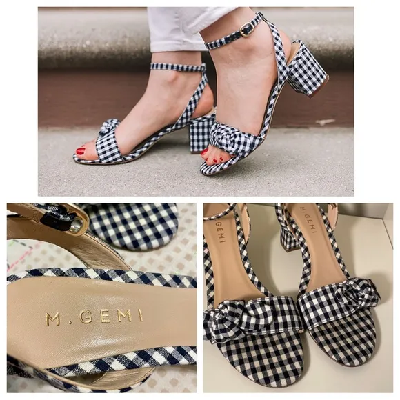 M. Gemi navy white gingham chunky low 2.5” heel dress up or down Italian sz 8