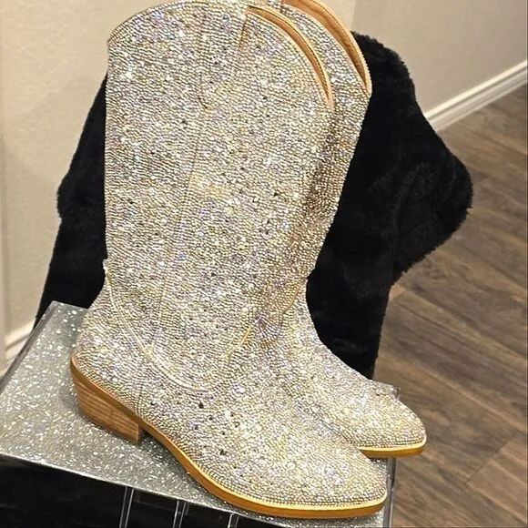 Madden Girl Redford-R Pull-On Mid Shaft Rhinestone Western Boot- Blush/Multi