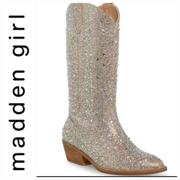 Madden Girl Redford-R Pull-On Mid Shaft Rhinestone Western Boot- Blush/Multi