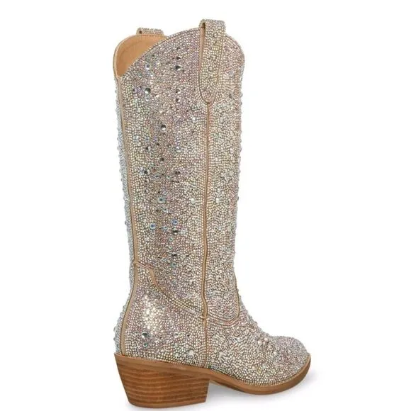 Madden Girl Redford-R Pull-On Mid Shaft Rhinestone Western Boot- Blush/Multi