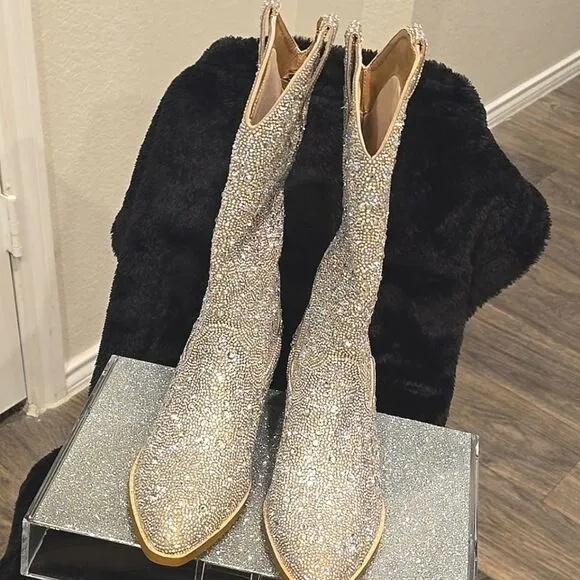 Madden Girl Redford-R Pull-On Mid Shaft Rhinestone Western Boot- Blush/Multi