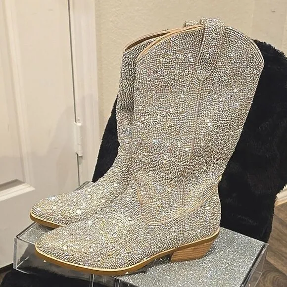 Madden Girl Redford-R Pull-On Mid Shaft Rhinestone Western Boot- Blush/Multi