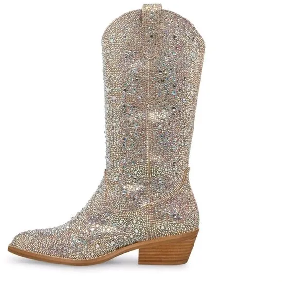 Madden Girl Redford-R Pull-On Mid Shaft Rhinestone Western Boot- Blush/Multi