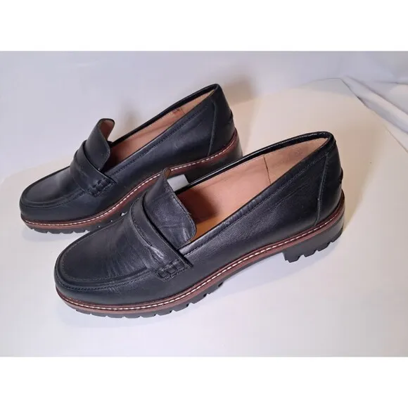 Madewell Size 7.5 The Corinne Lugsole Loafer Black Leather Womens Slip On Flats