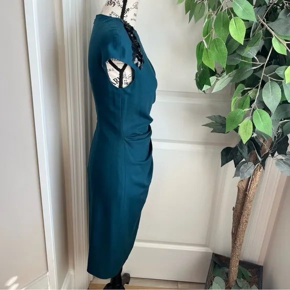 Magaschoni NY Wool Blend Embellished Cap Sleeve Sheath Dress Green Sz 4