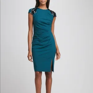 Magaschoni NY Wool Blend Embellished Cap Sleeve Sheath Dress Green Sz 4