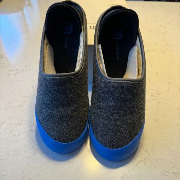 Mahabis Men's Sz 42 US 8.5  Women's 10.5 Curve Mule Wool Foam Slippers Gray Blue