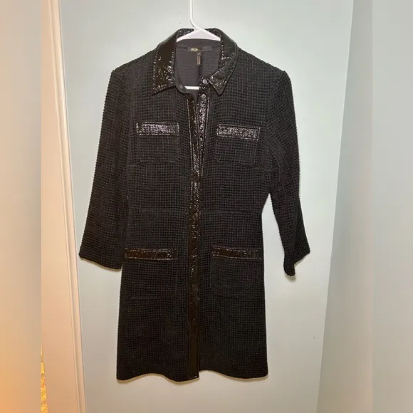 Maje Black Tweed Dress with Patent Trim