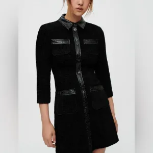 Maje Black Tweed Dress with Patent Trim