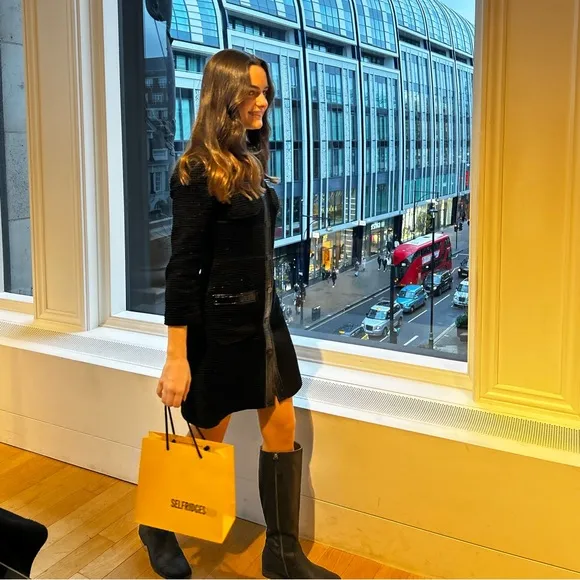 Maje Black Tweed Dress with Patent Trim