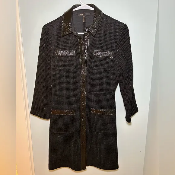 Maje Black Tweed Dress with Patent Trim