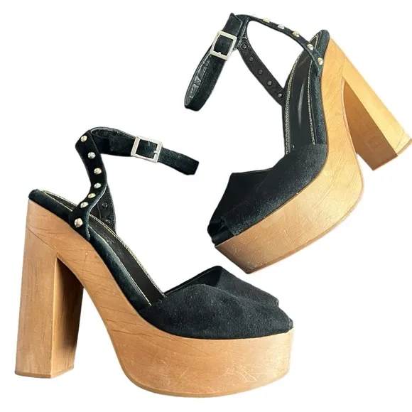 Maje Platform Block Heels - Black Suede &amp; Wood, Chunky Heel