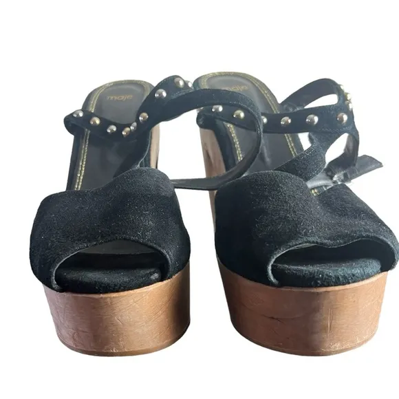 Maje Platform Block Heels - Black Suede &amp; Wood, Chunky Heel