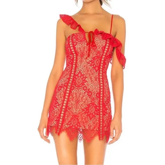 Majorelle Marjorie red Scarlet lace summer mini dress off the shoulder mini