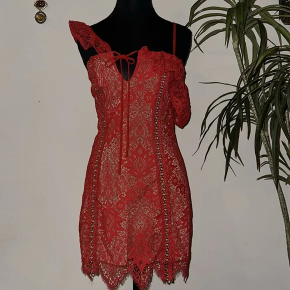Majorelle Marjorie red Scarlet lace summer mini dress off the shoulder mini