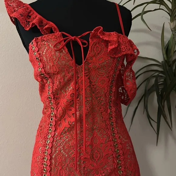 Majorelle Marjorie red Scarlet lace summer mini dress off the shoulder mini