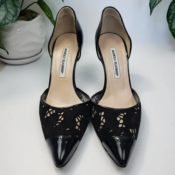 Manolo Blahnik Black Suede Tooled Mesh Patent Leather Heels Euro 39 US 8.5