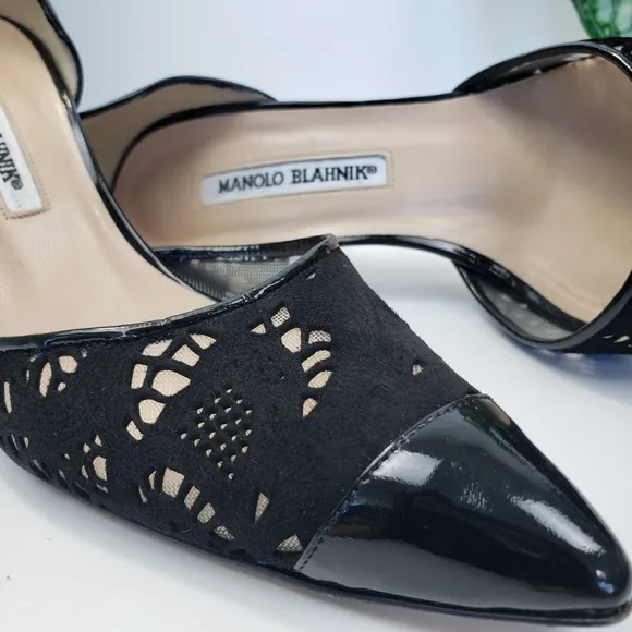 Manolo Blahnik Black Suede Tooled Mesh Patent Leather Heels Euro 39 US 8.5