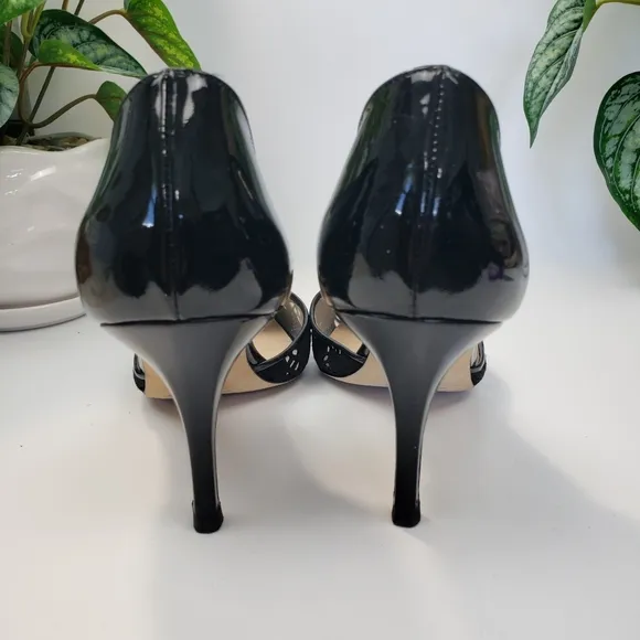 Manolo Blahnik Black Suede Tooled Mesh Patent Leather Heels Euro 39 US 8.5