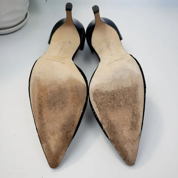 Manolo Blahnik Black Suede Tooled Mesh Patent Leather Heels Euro 39 US 8.5
