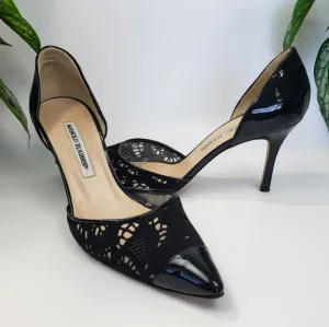 Manolo Blahnik Black Suede Tooled Mesh Patent Leather Heels Euro 39 US 8.5