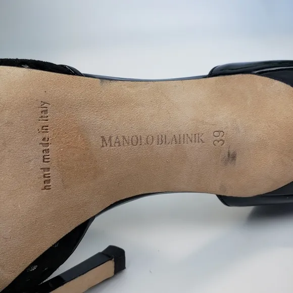 Manolo Blahnik Black Suede Tooled Mesh Patent Leather Heels Euro 39 US 8.5