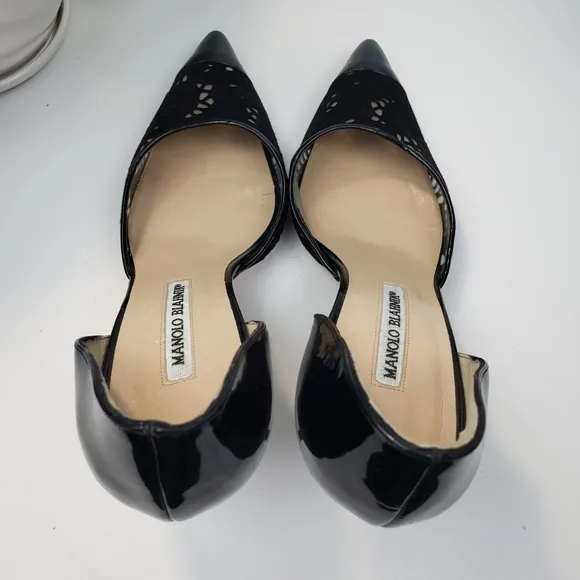 Manolo Blahnik Black Suede Tooled Mesh Patent Leather Heels Euro 39 US 8.5