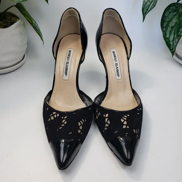 Manolo Blahnik Black Suede Tooled Mesh Patent Leather Heels Euro 39 US 8.5