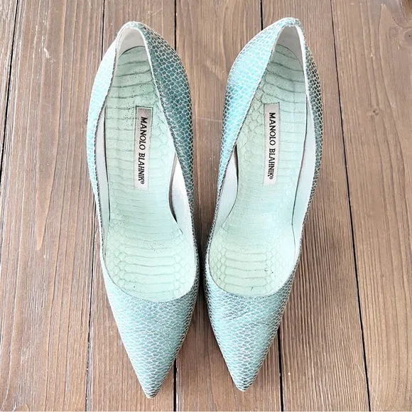 Manolo Blahnik Brocade Fabric Pointed Toe Pumps in Green Silver