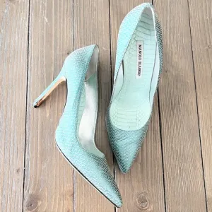 Manolo Blahnik Brocade Fabric Pointed Toe Pumps in Green Silver