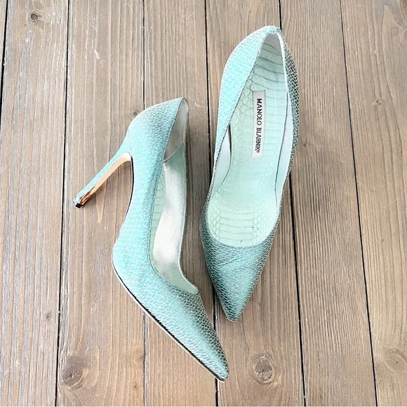 Manolo Blahnik Brocade Fabric Pointed Toe Pumps in Green Silver