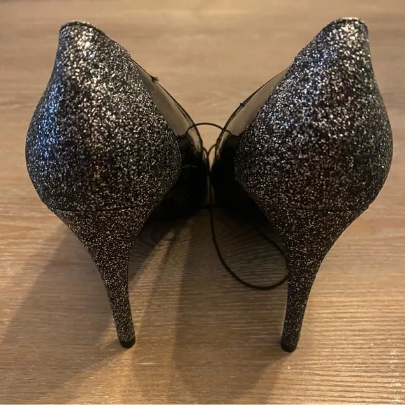 MARC FISHER Girafee Black Patent Leather Silver Glitter Sparkle Stiletto Heel
