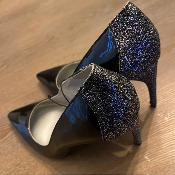 MARC FISHER Girafee Black Patent Leather Silver Glitter Sparkle Stiletto Heel