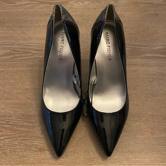 MARC FISHER Girafee Black Patent Leather Silver Glitter Sparkle Stiletto Heel