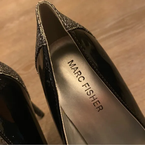 MARC FISHER Girafee Black Patent Leather Silver Glitter Sparkle Stiletto Heel