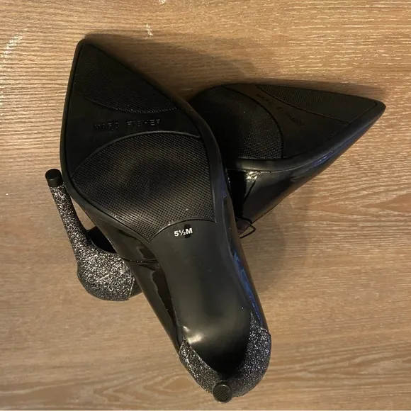 MARC FISHER Girafee Black Patent Leather Silver Glitter Sparkle Stiletto Heel