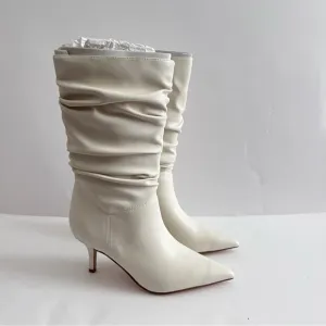 Marc Fisher Ivory Manya Ruched Faux Leather Mid Calf Boots NEW