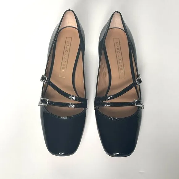 Marc Jacobs Patent Leather Mary Jane Pump Shoes Rhinestone Black Size 37.5 / 7.5