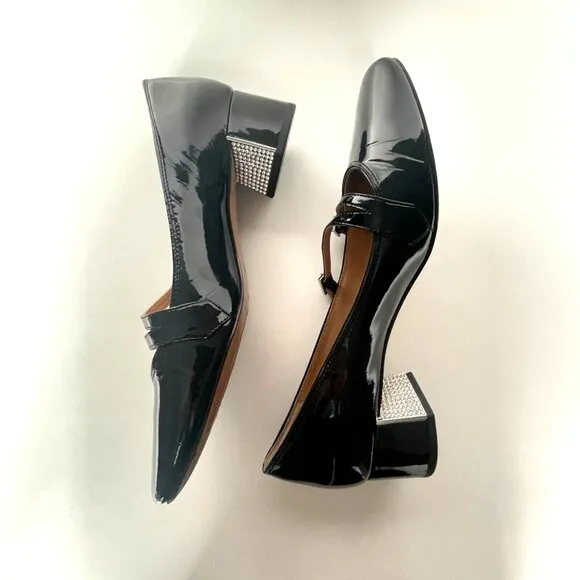 Marc Jacobs Patent Leather Mary Jane Pump Shoes Rhinestone Black Size 37.5 / 7.5