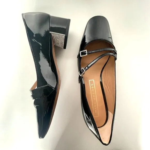 Marc Jacobs Patent Leather Mary Jane Pump Shoes Rhinestone Black Size 37.5 / 7.5