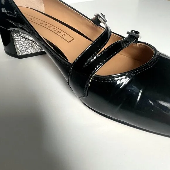 Marc Jacobs Patent Leather Mary Jane Pump Shoes Rhinestone Black Size 37.5 / 7.5