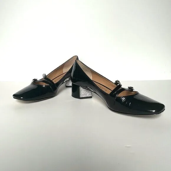 Marc Jacobs Patent Leather Mary Jane Pump Shoes Rhinestone Black Size 37.5 / 7.5
