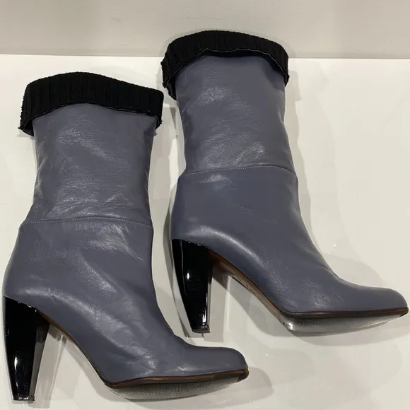 Marni blue gray leather mid calf 4”heeled boots, sweater lined &amp; cuffed Size 37
