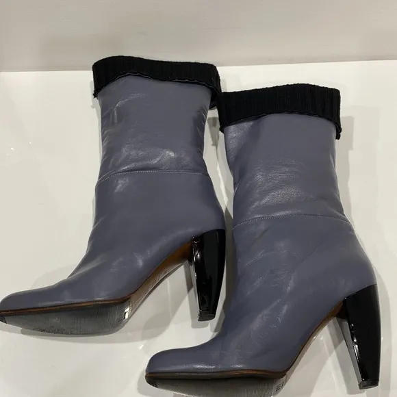 Marni blue gray leather mid calf 4”heeled boots, sweater lined &amp; cuffed Size 37