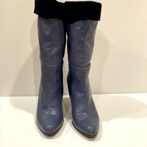 Marni blue gray leather mid calf 4”heeled boots, sweater lined &amp; cuffed Size 37